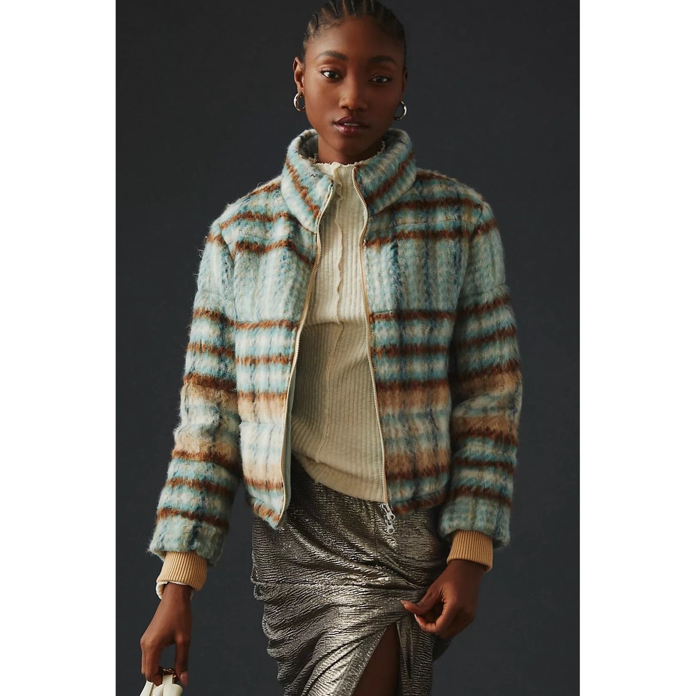 Anthropologie Plaid Puffer Jacket Blue Brown Mohair Blend Full Zip XS